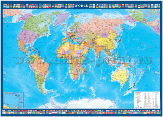 Политическая карта мира с флагами государств на английском языке